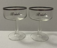Vintage MCM Bride & Bride Wedding Champagne Toasting Coupe Glasses, Two Brides