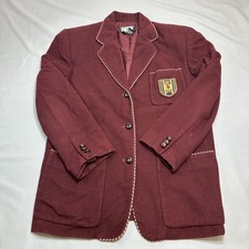Vintage DKNY Blazer Womens 8 Red Wool Angora Crest Piped Hong Kong 90s Preppy