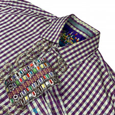 Robert Graham Men's Embroidered Flip Cuff Button Shirt Purple Gingham Check XL