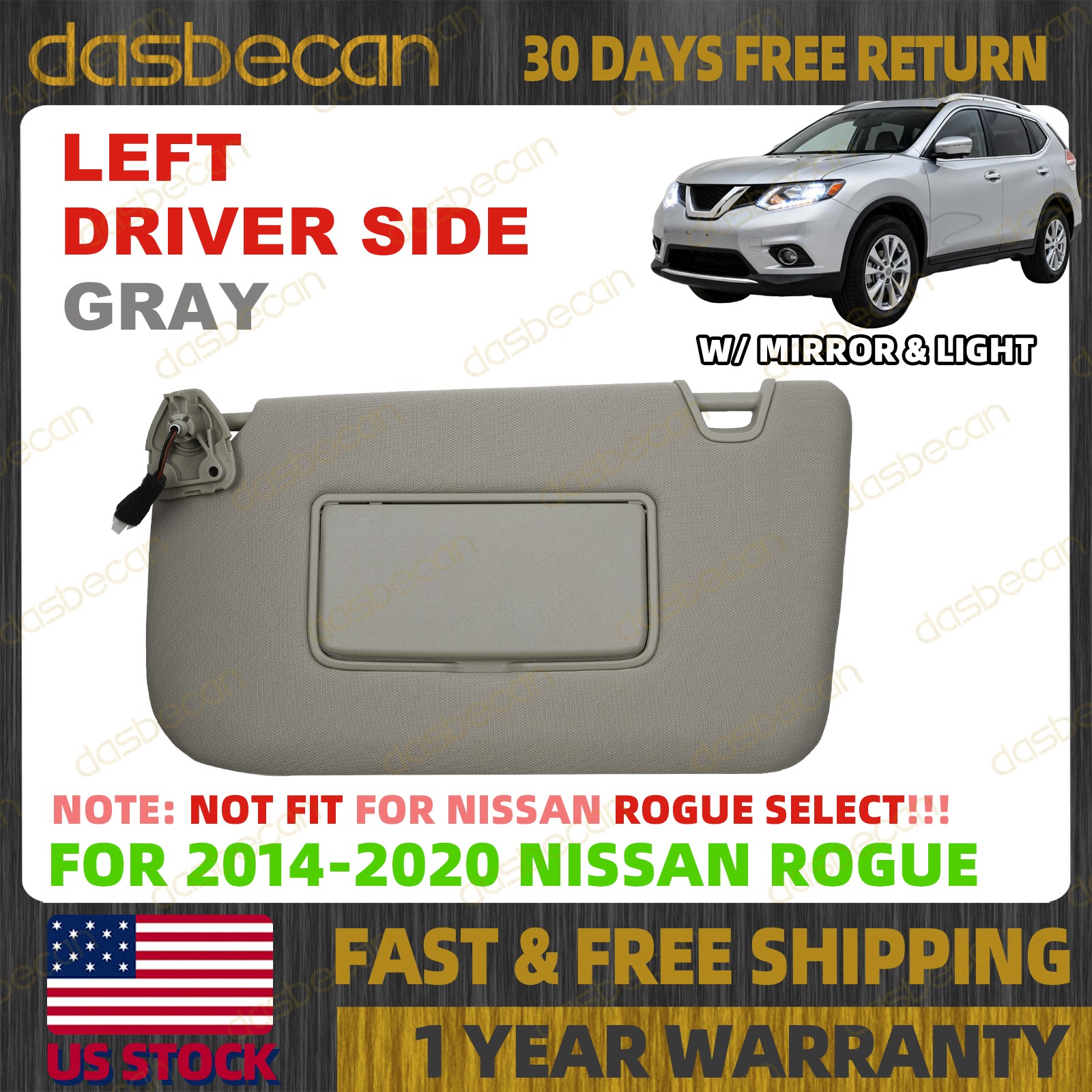 Left Driver Side Gray Sun Visor W/ Light For Nissan Rogue 2014-2020 96401-4BA3E