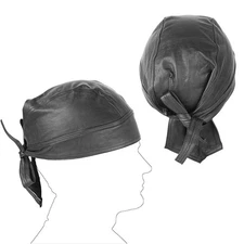 Real Leather Biker Skull Cap Motorcycle Bandana Head Wrap Durag Black SMALL