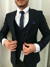 Dark Blue Designer Suit Set Vest Fitted Slim Fit Matching Shirt Tie