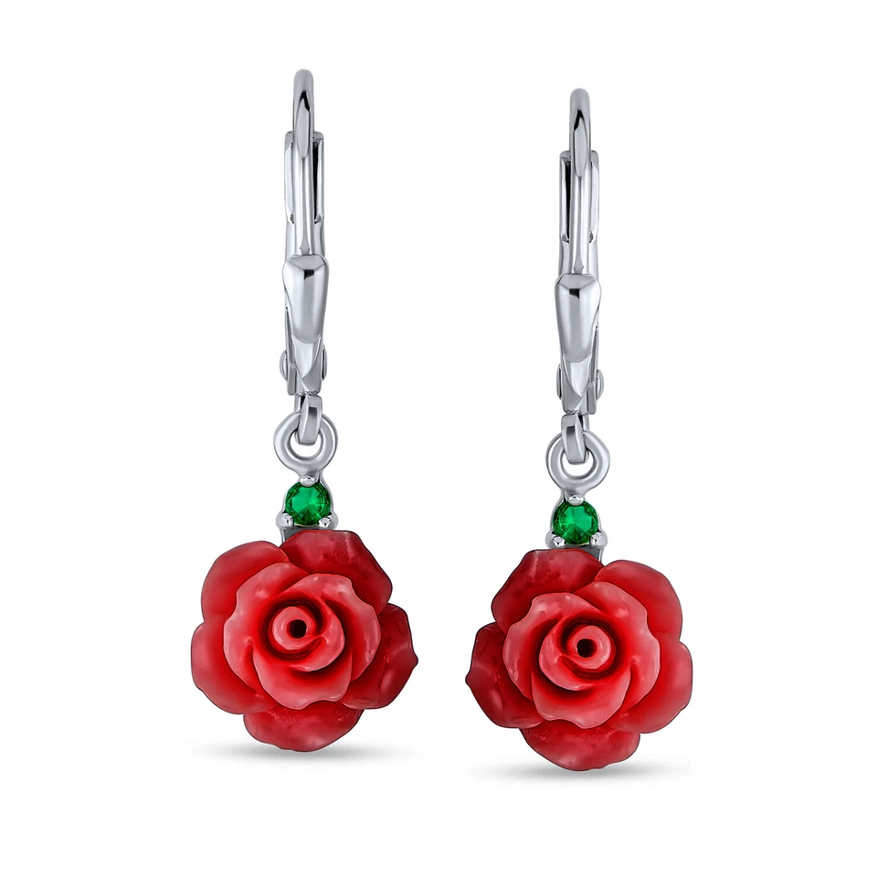 Romántico Pendientes Araña Colgante Rosa 3D Floral con Circonita Verde Plata de Ley Foto 2 de 4