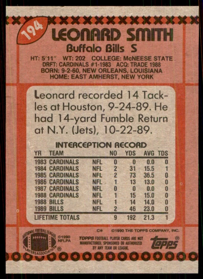 1990 Topps Leonard Smith Football Cards #194 - Image 2 of 2