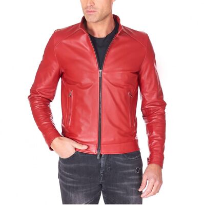 Red Leather Jacket Men Slim Fit Casual Motorcycle Biker Bomber Lambskin Jacket