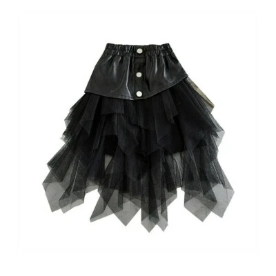 Mädchen Faux Leder Rock Mesh Patches Tutu Kleid Geschichtet Punk Gothic - Bild 1 von 4