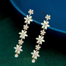 Multi-Color/AB/Pink Crystal Rhinestone Flower Long Dangle Drop Earrings