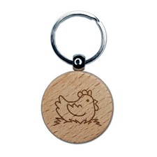 Cartoon Chicken Hen Sitting on Nest Engraved Wood Round Keychain Tag Charm