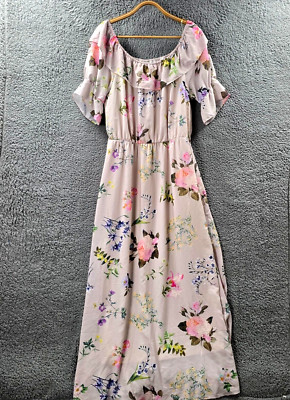 New Heine Womens Maxi A-line Dress Size 42 Pink Floral Short Sleeve Scoop Neck