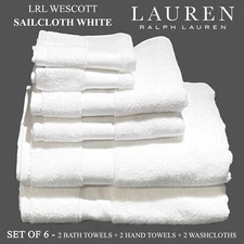 6PC Ralph Lauren Wescott Cotton Soft Bath Hand Washcloth Towels Sailcloth White