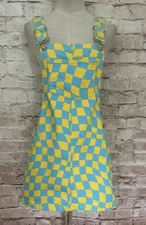 Forever 21 Denim Woven Overall Dress Womens SMALL NEW Blue Yellow Check Stretch