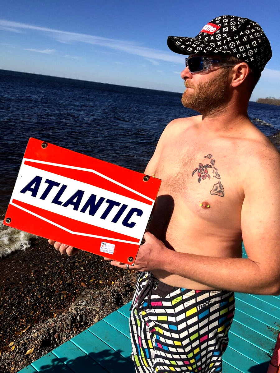 Vintage Porcelain Atlantic Oil Gasoline Gas Pump Plate Sign 13x9