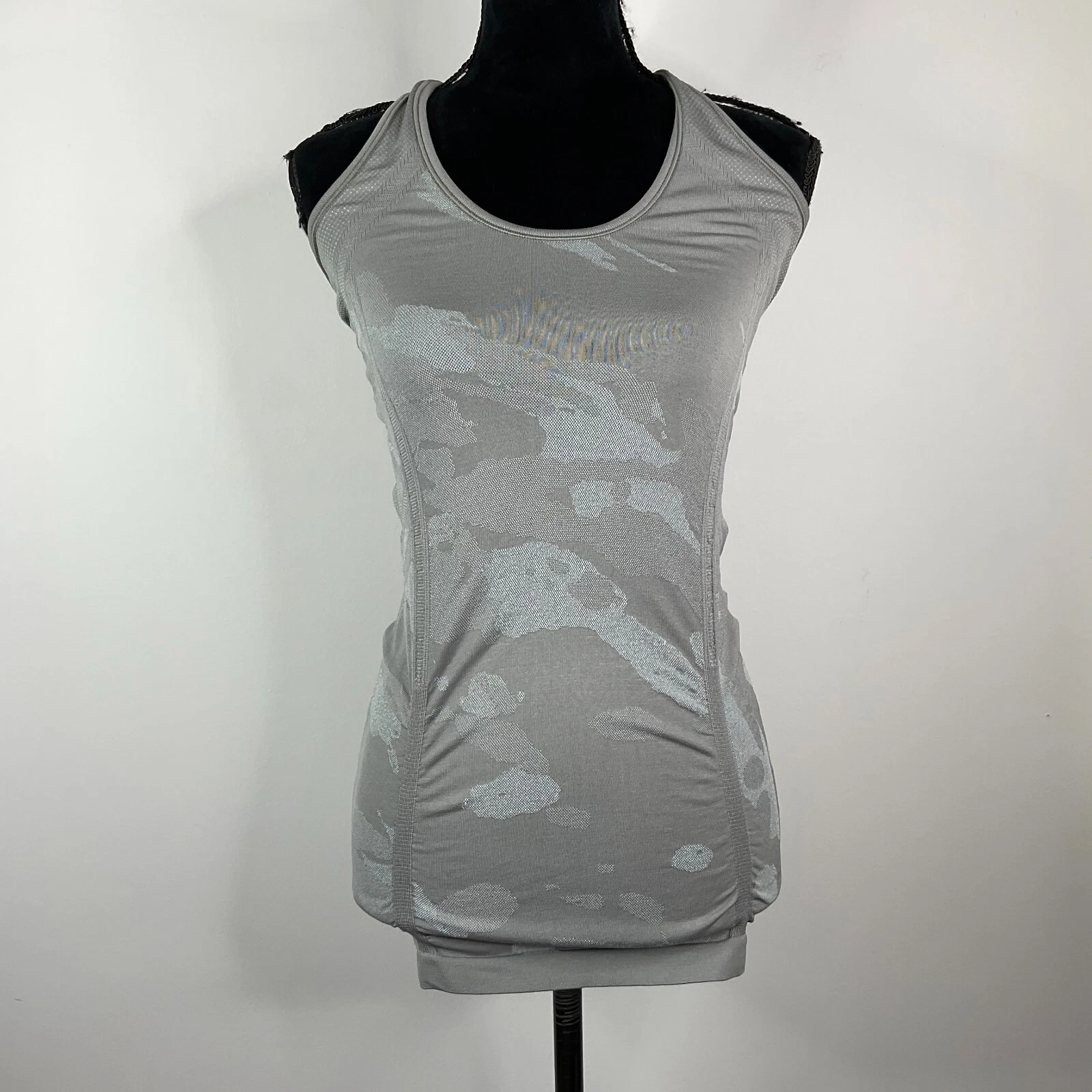 athleta top active fastest track camo cobblestone racerback shirt