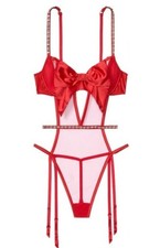 VS wicked studded mesh balconet teddy w/garters NEW medium red