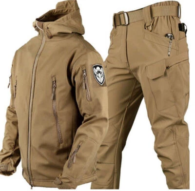 Warm Mens Hooded Jacket Combat Waterproof Tactical Coat With PANT Set UK Outdoor
