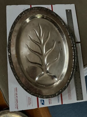 Vintage ''Tree of Life'' WM Rogers 1960s Silver plate Oval Meat Platter Footed 16''