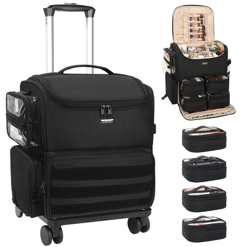 Rolling Makeup Train Case Cosmetology Artist Organizer Bag w/ Wheels Black
