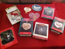Large Lot Of 6 Various Hallmark Heart Ornaments With Extras