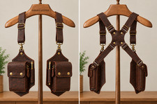 Men  s Genuine Leather Shoulder Holster Chest Rig with Dual Pouches  Pen Holders