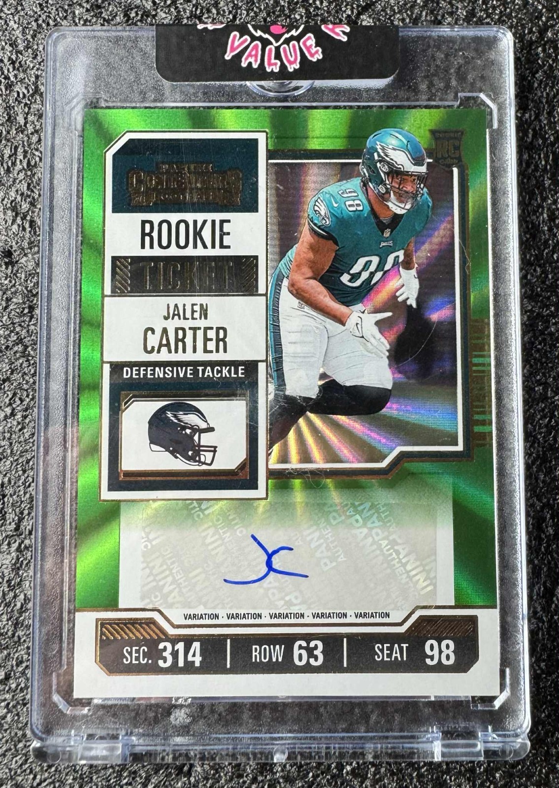 Jalen Carter 2023 Panini Contenders Rookie Ticket Auto Green Laser #114 Eagles