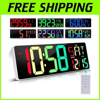 Large 17.2'' Digital Wall Clock: 10 Colors, Remote Control