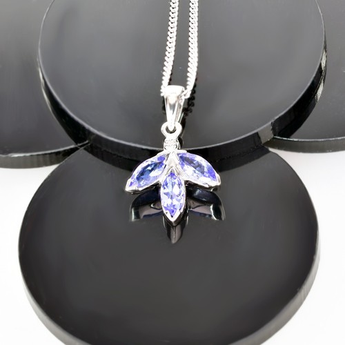 Natural Tanzanite Pendant Sterling Silver Blue Gemstone Diamond Trilogy Handmade - Picture 5 of 9
