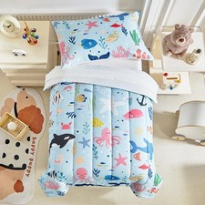 4 PCS Ocean Theme Blue Toddler Bedding Set Microfiber Comforter For Kids