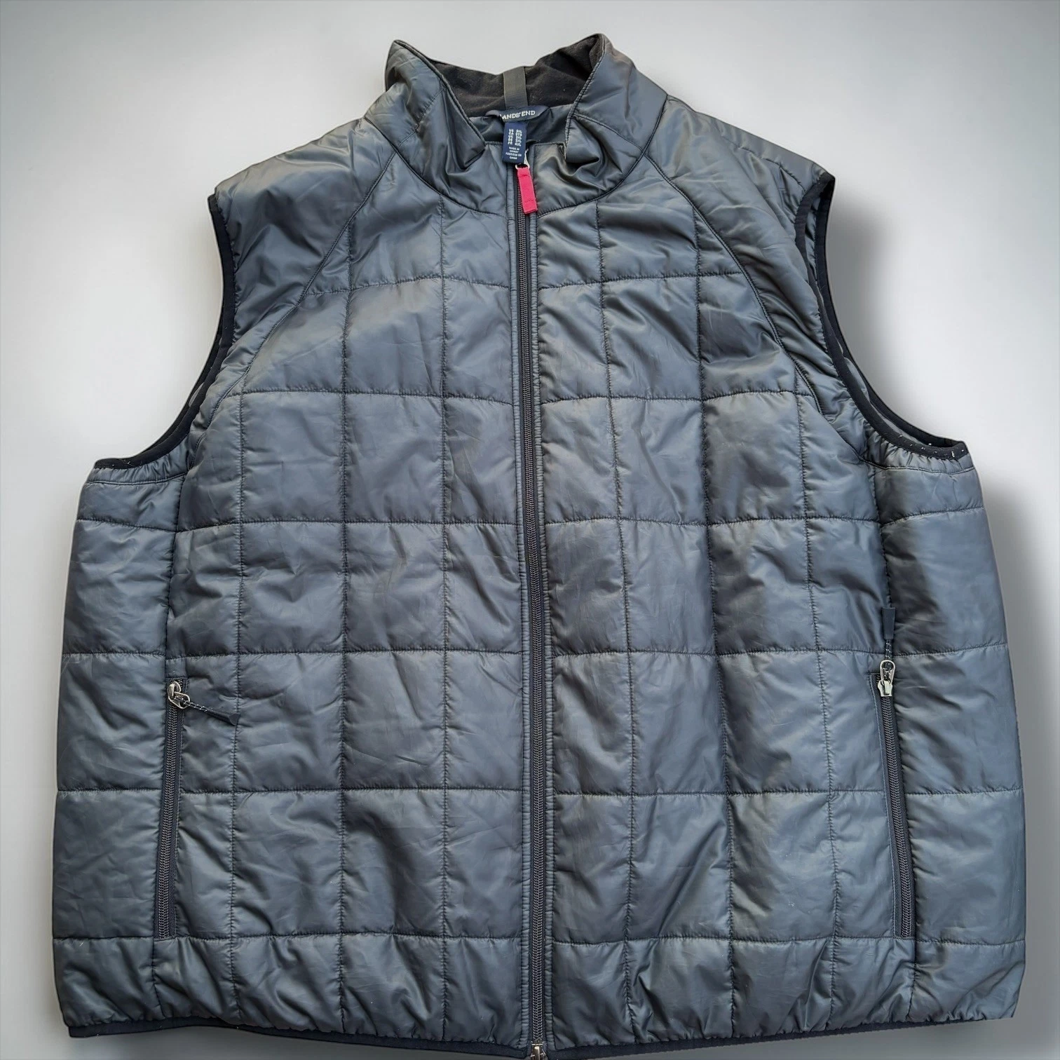 Lands End Mens 3XL Puffer Vest Black Square Quilt Full Zip Fleece Collar