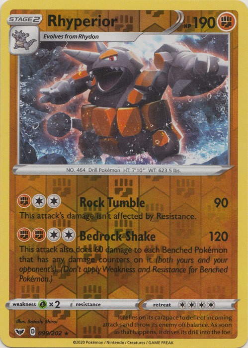 Rhyperior - 099/202 - Reverse Holo Rare (Lp) Sword & Shield Base Set - Fighting