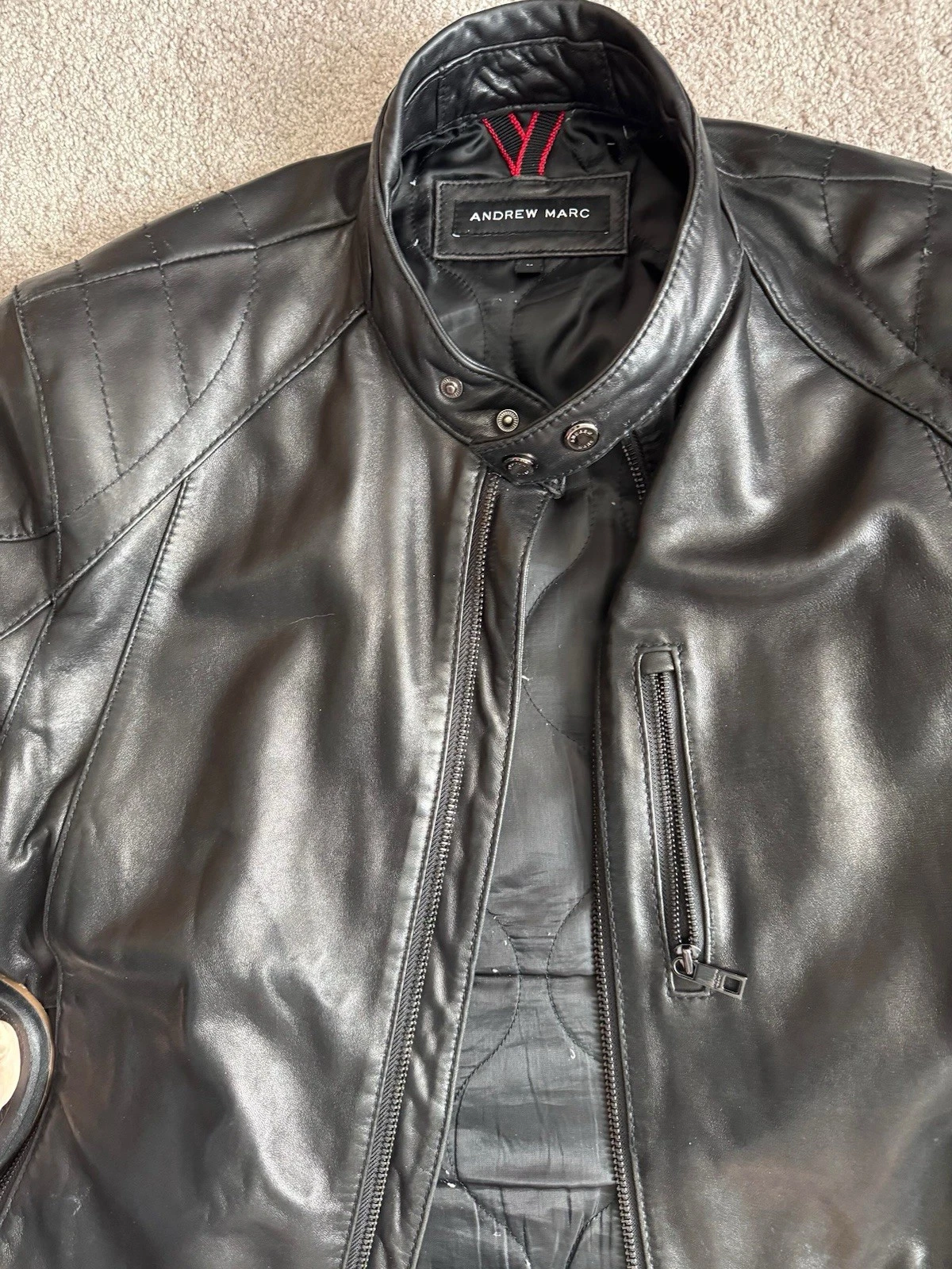 Andrew Marc Black Lambskin Leather Moto Jacket – Men’s Medium - product detail image 3