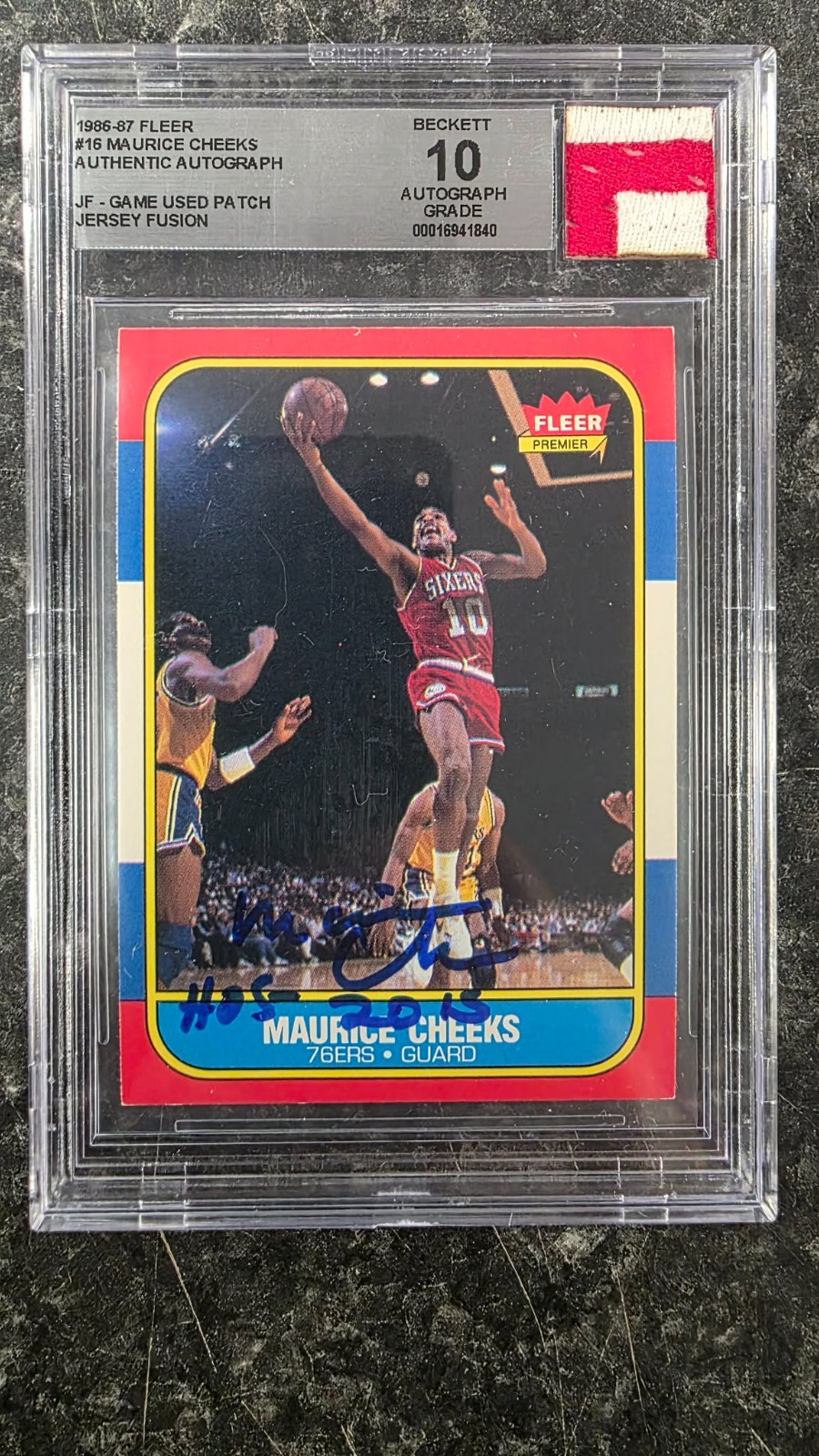 1986 87 FLEER MAURICE CHEEKS AUTO  GAME USED JERSEY PATCH BGS 10 AUTOGRAPH