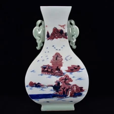 Collectable Art Handmade Painting Underglaze Red Porcelain Scenery Vase