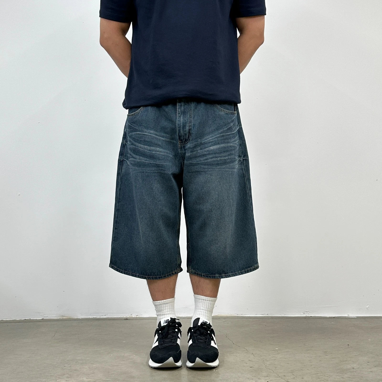 Vintage Linea Uomo Hip Hop Baggy Jorts Skater Washed Denim Shorts, Navy Blue