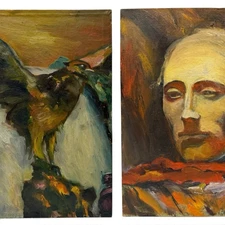 Vintage Original 2 Sided Painting Abstract Bird and Portrait of Man 16x12