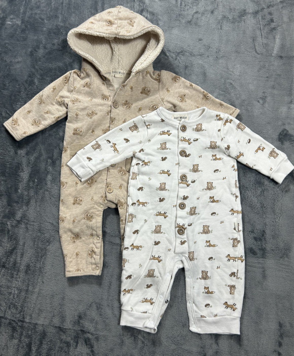 Rabbit Bear Organic 3-6M & 6-9M Baby Boy LS Pant Rompers Warm Hooded Teddy Bears