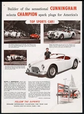 1952 Briggs Cunningham & race car photo Champion spark plugs vintage print ad