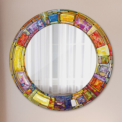 Runder Bad-Wohnzimmer-Wandspiegel mit bunt bedrucktem Rahmen bunt gebeizt glas