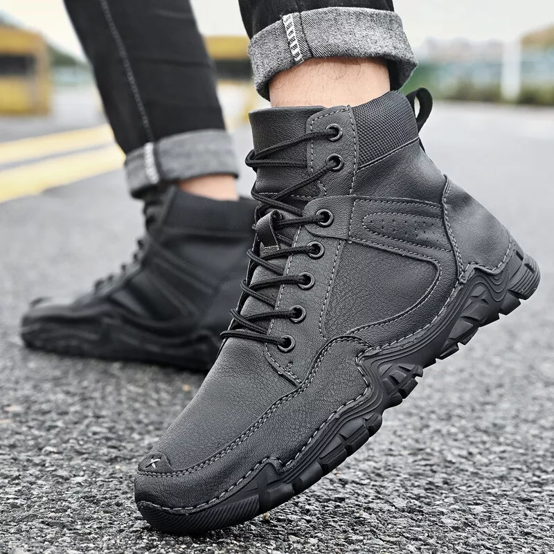 Mens High Top PU Leather Ankle Boots Casual Outdoor Lace Up Comfort Shoes