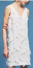 ANTHROPOLOGIE MAEVE Fringework Shift Dress 6 M White Knee V Neck Fringe NWT