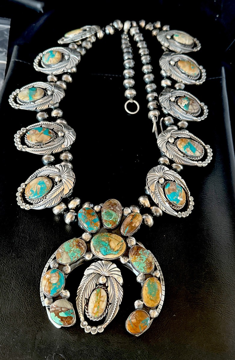 DISPLAY XXL Blue Boulder Turquoise Squash Blossom Necklace Pendant