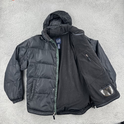 Vintage GAP Y2K 90s Mens M Black Down Winter Jacket Green Trim Stowaway Hood EUC - Picture 8 of 24