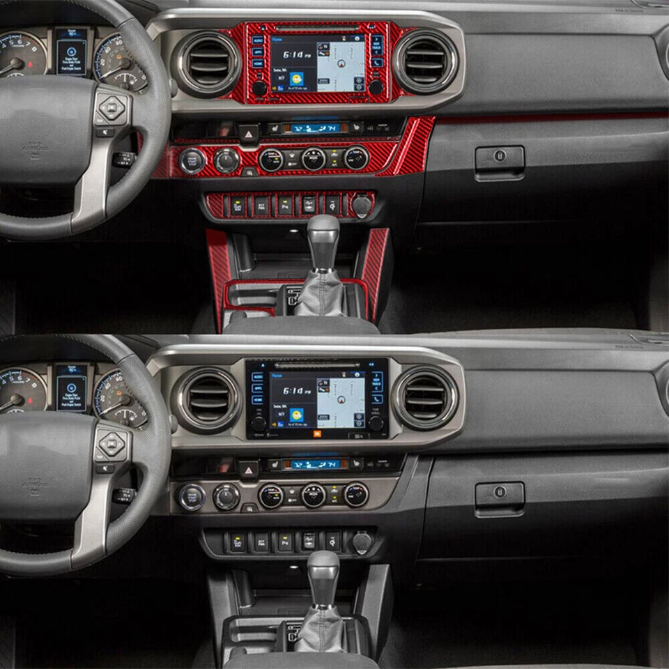 Cubierta de consola central interior de fibra de carbono roja para Toyota Tacoma 2016-2022 Foto 3 de 4