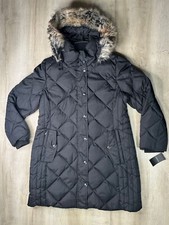 London Fog Womens Coat Black M Quilt Puffer Faux Fur Hood Diamond Jacket