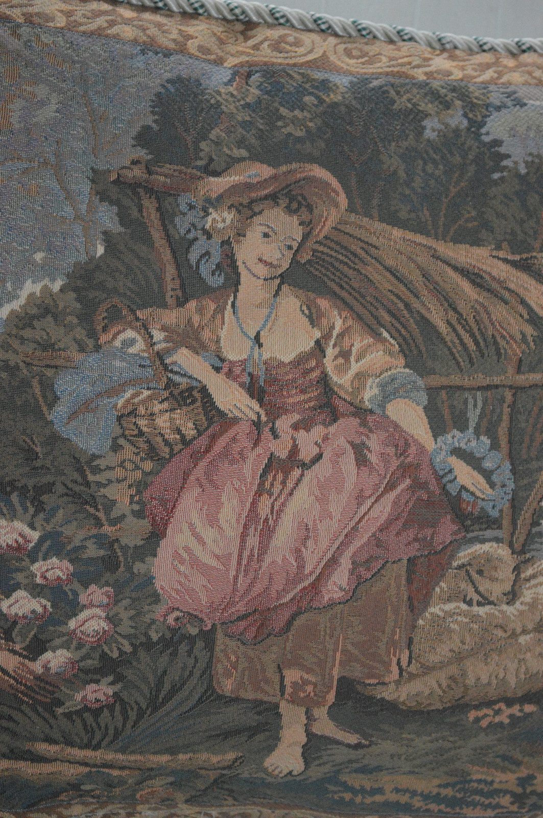 VTG TAPESTRY PILLOW PEASANT GIRL PASTORAL 18" Braided Trim SHEEP FRENCH COUNTRY