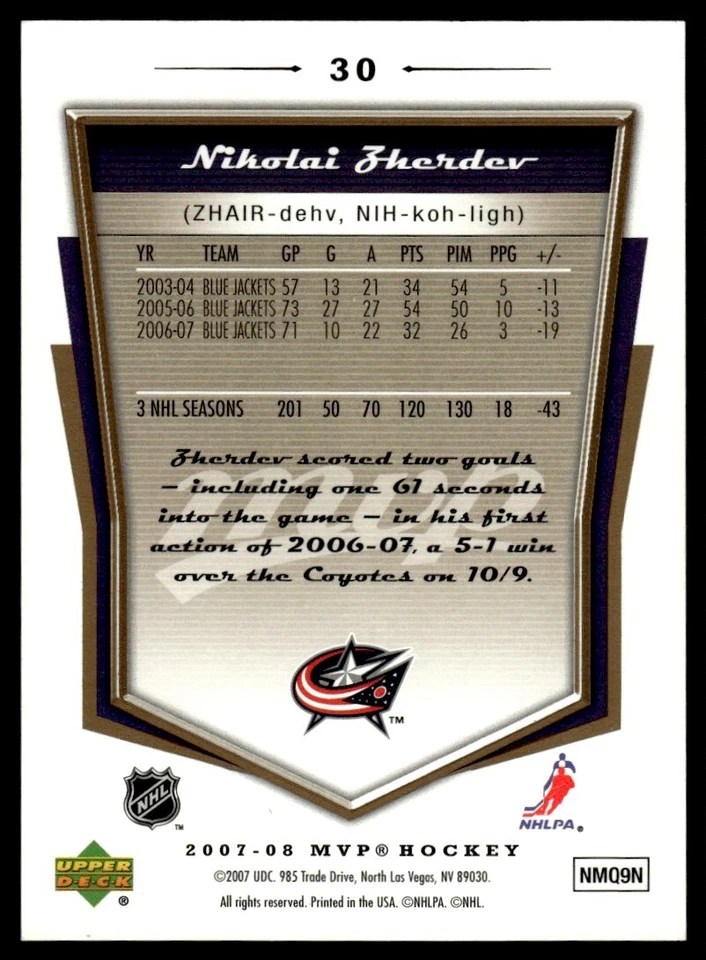 2007-08 Upper Deck MVP Gold Scripts Nikolai Zherdev Columbus Blue Jackets #30 - Image 2 of 2