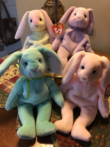 TY BEANIE BABIES Lot of 4 Vintage Pastel Tie Dye Spring Easter Bunny Rabbits