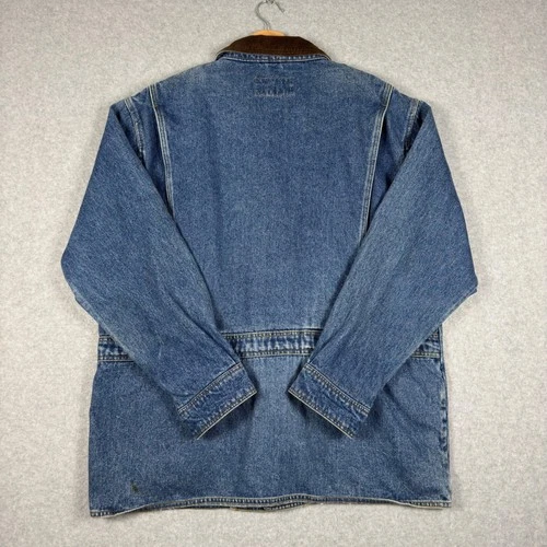Vintage 90s Eddie Bauer Denim Jacket Mens L Chore Barn Coat Corduroy Collar image 2