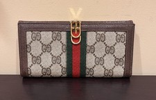 Vintage Gucci Sherry Long Wallet GG Supreme Logo Brown Leather Green Red Stripe
