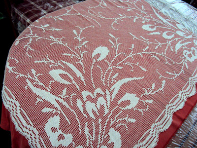 Handarbeit - Antike Tischdecke Filetspitze Leinen, 130 x 130cm