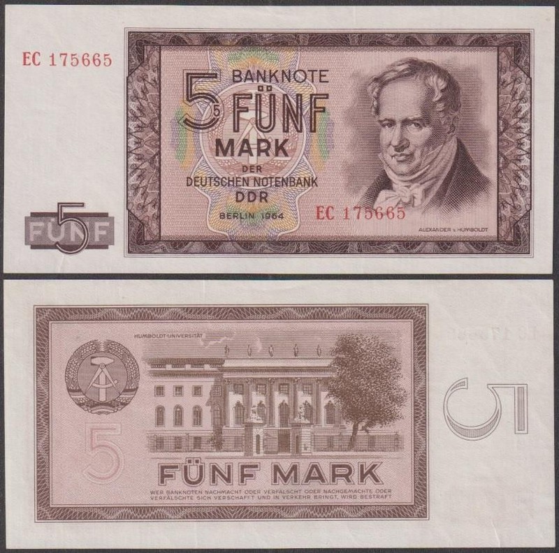 Germany - DDR (East Germany), 5 Deutsche Mark, 1964, AU, P-22